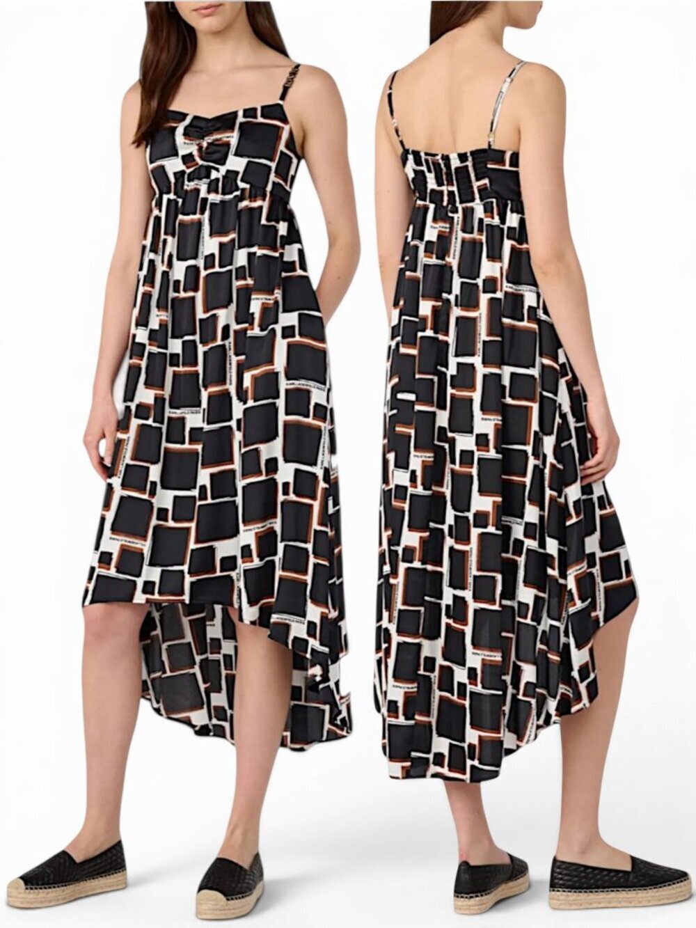 Karl Lagerfeld Printed Drop Hem Sweetheart Midi Logo Charm Dress NWT New 6